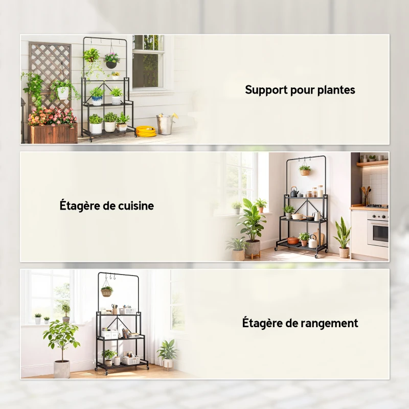 Outsunny Support pour Plantes à 3 Niveaux avec Roulettes, Étagère à Fleurs Pliable en Métal avec 4 Crochets, 84x40,5x174cm, Noir