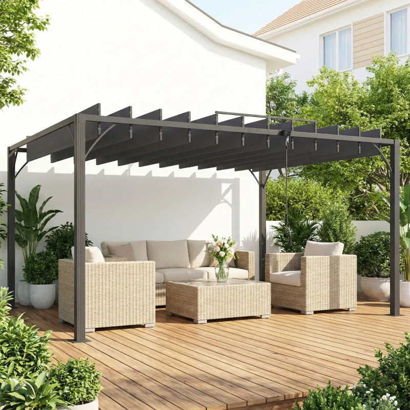 Outsunny Pérgola 390x295x213 cm para Jardim com Desenho de Lâminas Superiores Giratórias até 135° Proteção UV 50+ Cinza