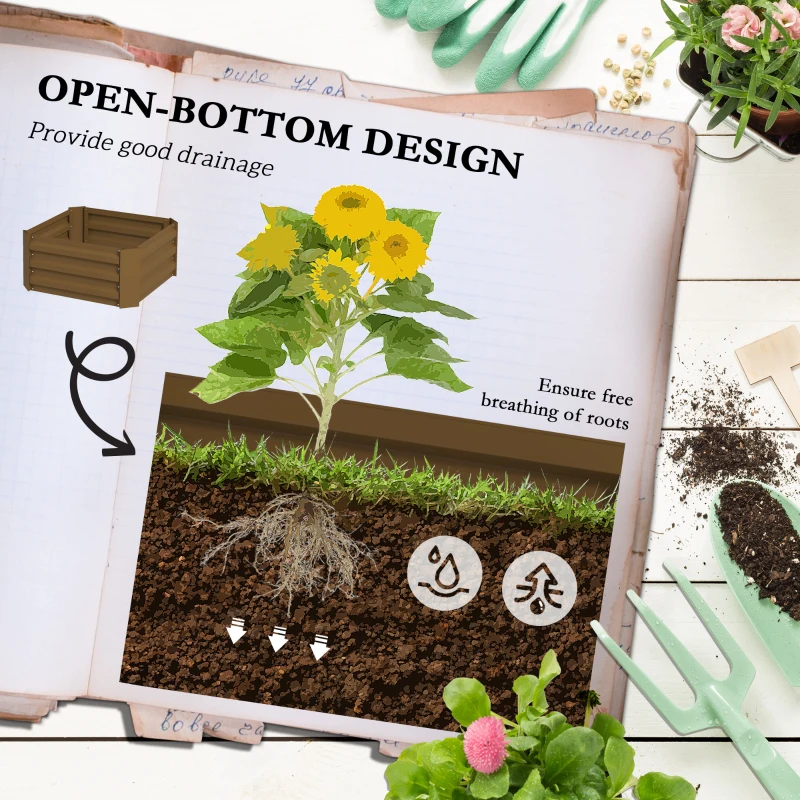 Outsunny Podwyższona grządka z kratką, skrzynka na rośliny z kratką, otwarte dno, odporna na warunki atmosferyczne, 61 cm x 61 cm x 140 cm, brązowa