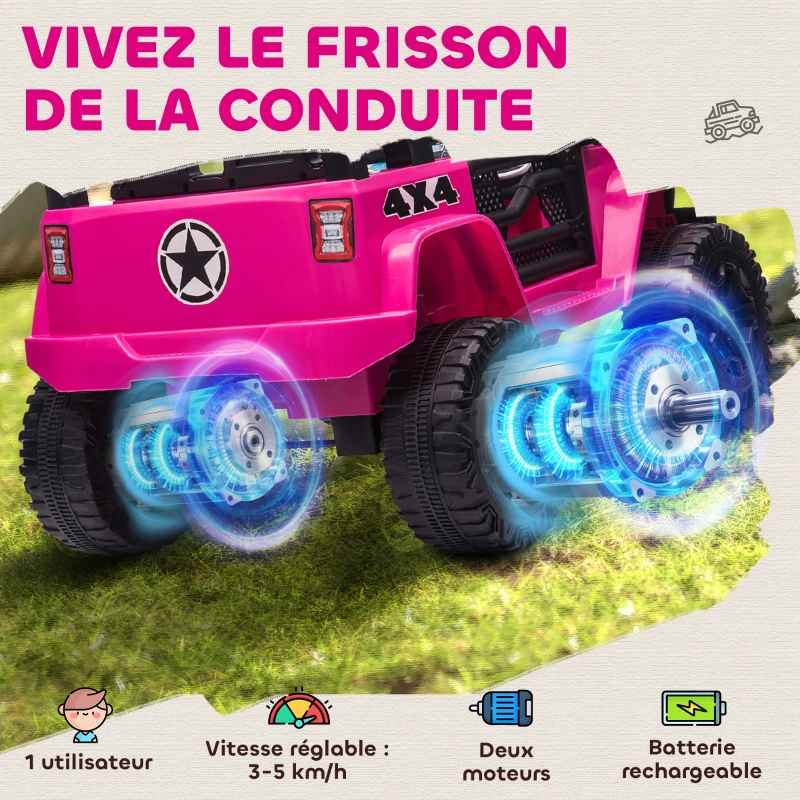HOMCOM Voiture électrique Enfant Propulsion arrière 12 V 5 Km/h Max. télécommande Effets Lumineux sonores 100x65x72cm Rose(m-4)