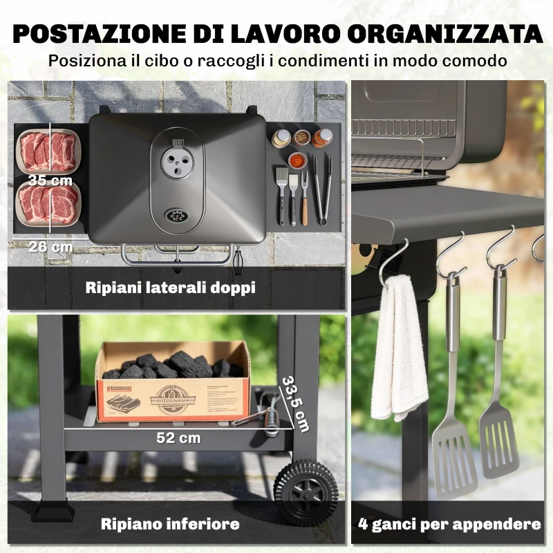 Outsunny Barbecue a Carbone, Affumicatore Portatile con Ventilazione, Termometro e Mensole Laterali, Nero