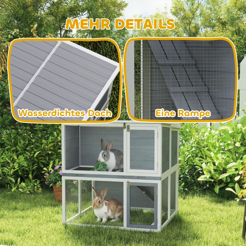 PawHut Hasenstall 2 Etagen Kaninchenstall aus Holz mit wetterfest aufklappbar Dach, Freilaufgehege, Rampe, 98x95x102,5 cm Grau