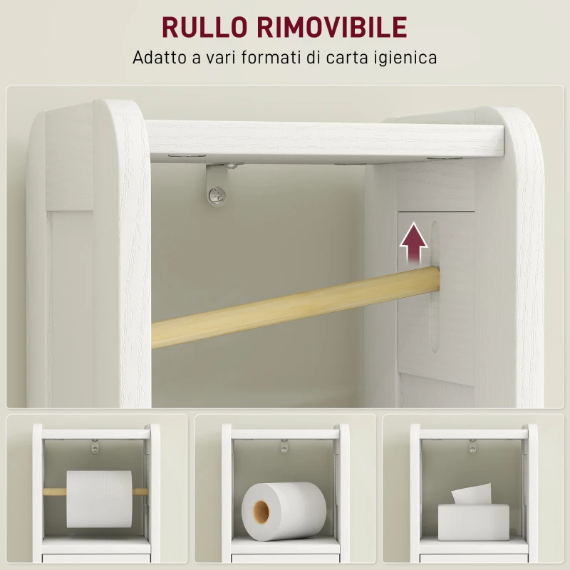 HOMCOM Mobile Porta Carta Igienica in Legno con Armadietto con Ripiano Interno Regolabile, 21x20x79 cm, Bianco