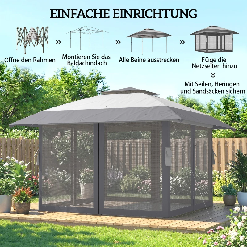 Outsunny Pavillon 4x4m Wasserdicht Höhenverstellbar Pop-up Faltpavillon mit Doppeldach 4 Netzseiten, UV 30+Hellgrau