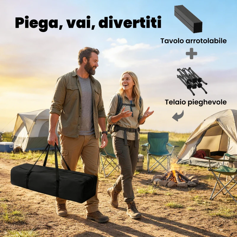 Outsunny Tavolo da Campeggio Pieghevole con Struttura in Metallo, Rete Portaoggetti e Borsa, 93x55x68 cm, Nero