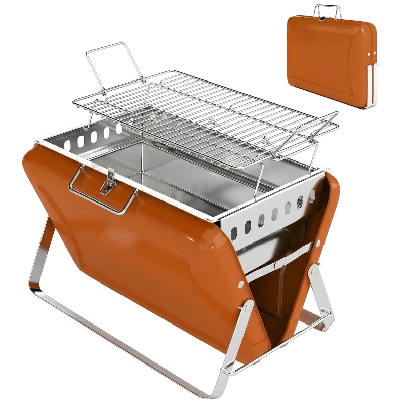 Outsunny Charcoal BBQ Grill Portable Stainless Steel Barbecue with Tilting Grate for Camping Picnic Garden Orange