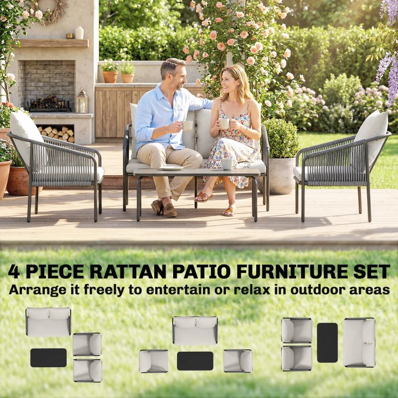 Outsunny Zestaw mebli ogrodowych 4-częściowy Polirattanowa sofa z dwuosobową sofą, 2 fotelami i stolikiem kawowym z poduszkami