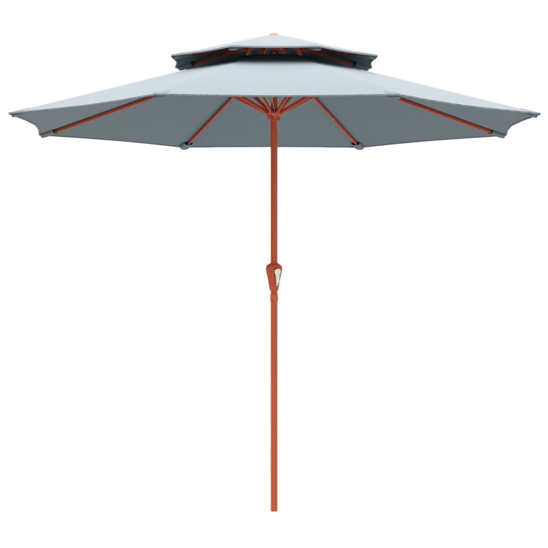 Outsunny 2.7 m Garden Parasol with Double Top Outdoor Market Table Umbrella with Crank System, Light Grey