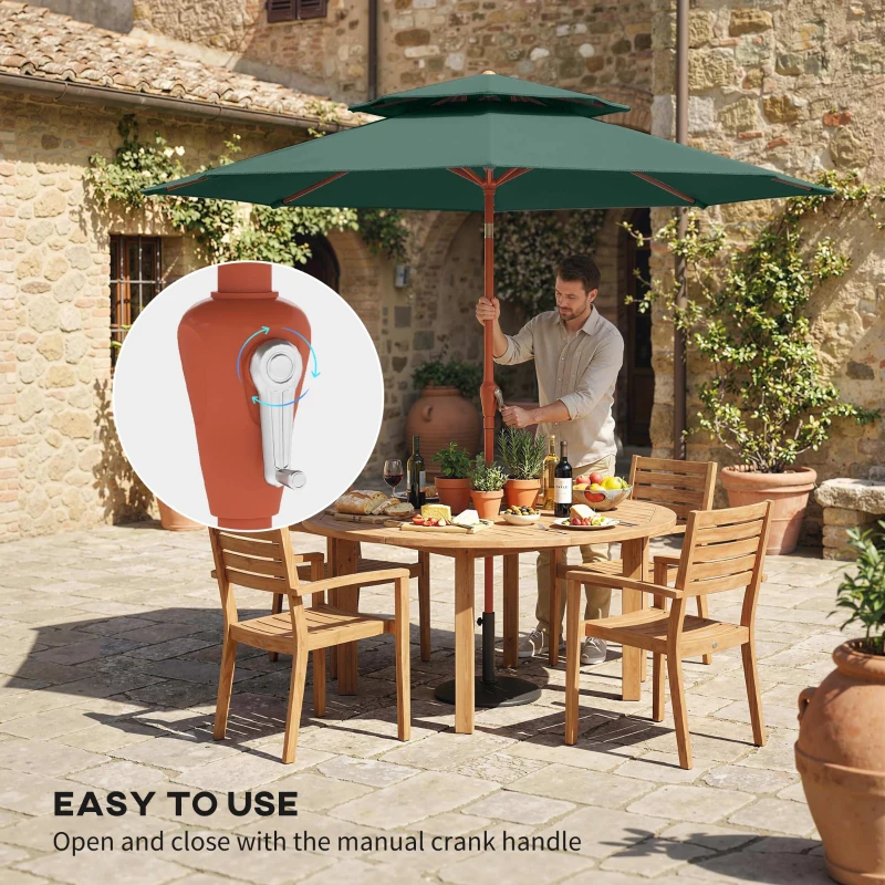 Outsunny 2.7 m Garden Parasol with Double Top Outdoor Market Table Umbrella with Crank System, Green