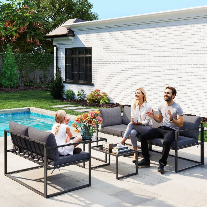 Outsunny Salon de jardin extérieur d'angle 4 pièces avec 2 canapés et 2 tables basses gigognes en verre trempé, gris