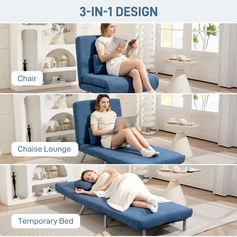 HOMCOM 2-in-1 Folding Sofa Bed, Convertible Sleeper Chair Bed with Adjustable Backrest, Velvet-Feel Upholstered Chaise Lounge with Pillow for Living Room, Bedroom, Home Office, Blue