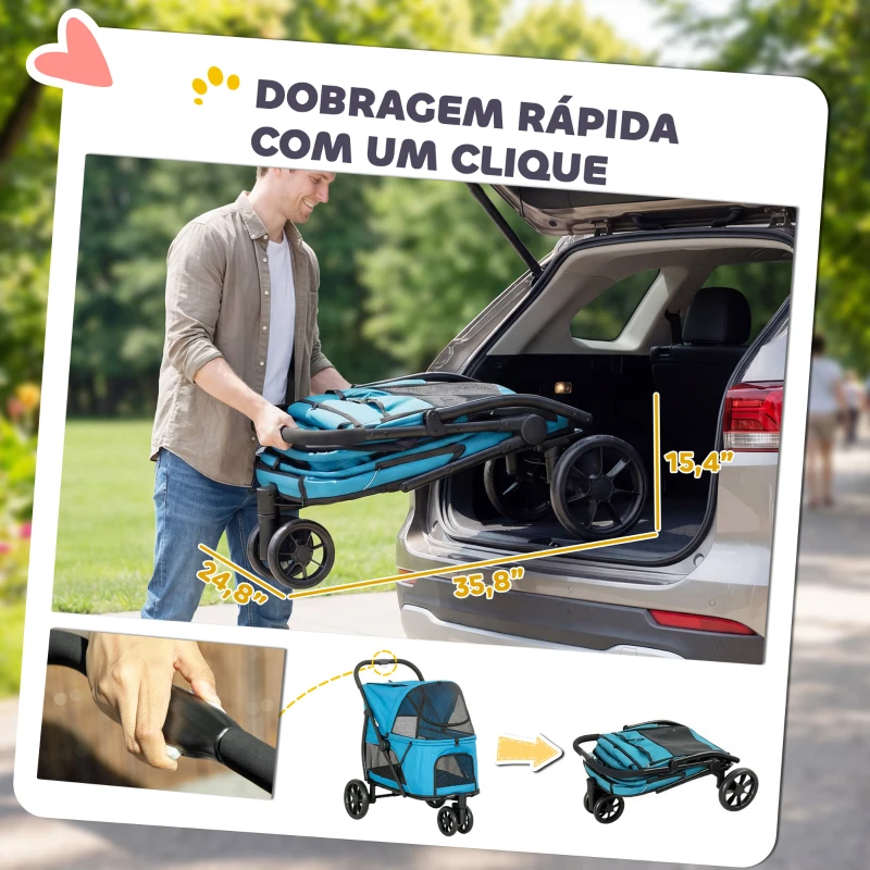PawHut Carrinho para Cães Dobrável com 3 Rodas Janelas de Rede Almofada Lavável Todo o Terreno Carga 20 kg 92x63x95 cm Azul