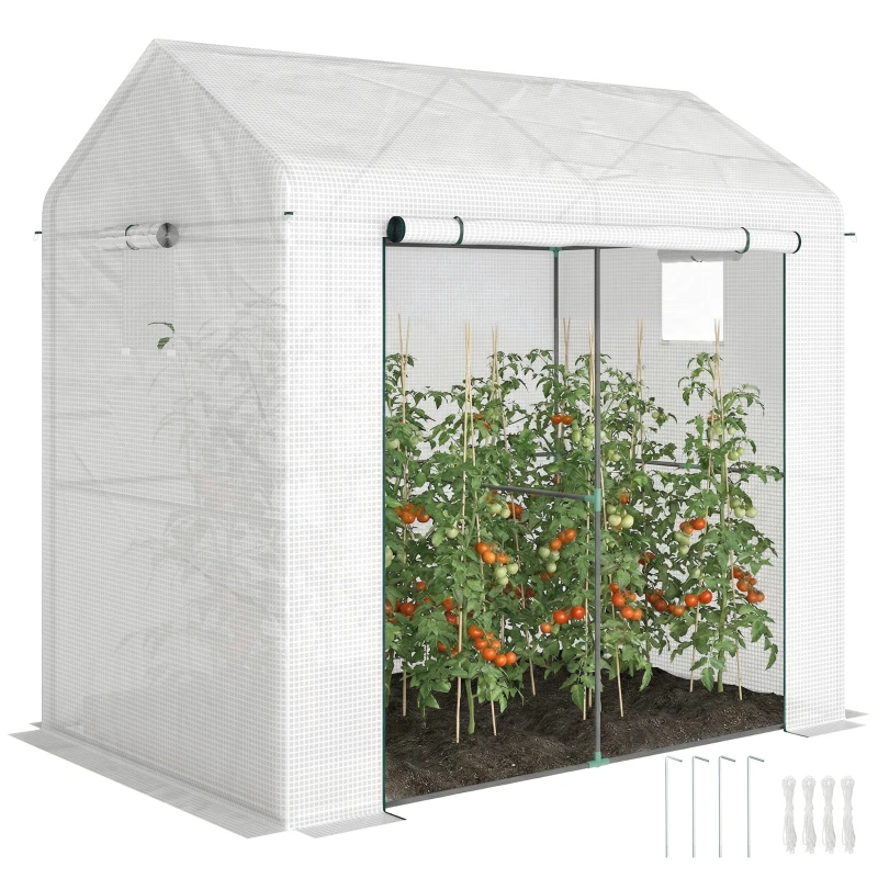 Outsunny Walk-in Greenhouse, Outdoor Tomato Greenhouse with Roll-up Door and Mesh Windows, PE Cover, 200 x 140 x 200cm, White