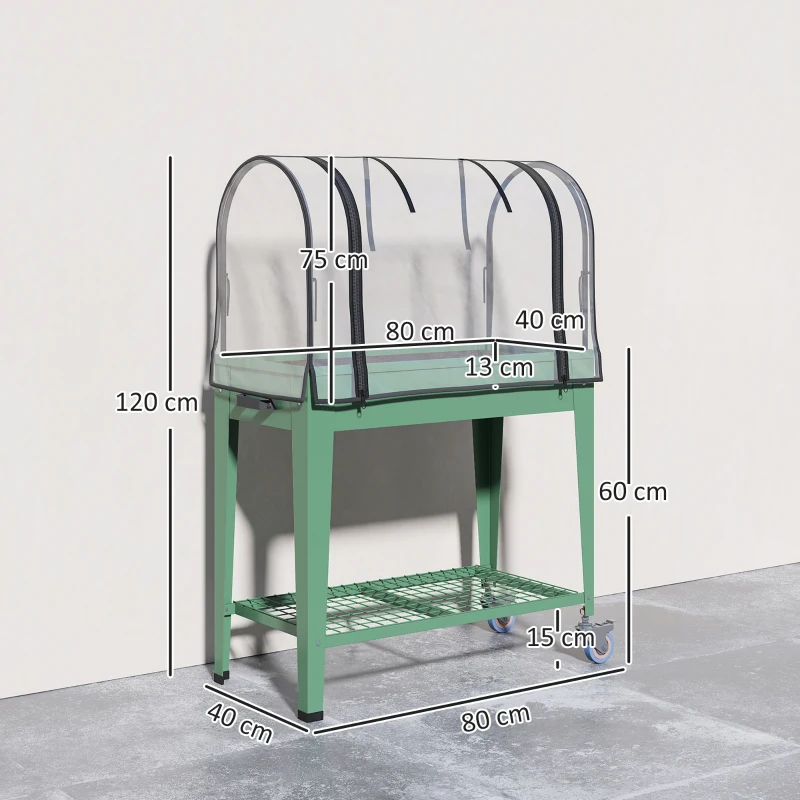 Outsunny Raised Planter with Greenhouse Cover, Mobile Elevated Garden Bed with Wheels and Bottom Shelf for Vegetables, Green