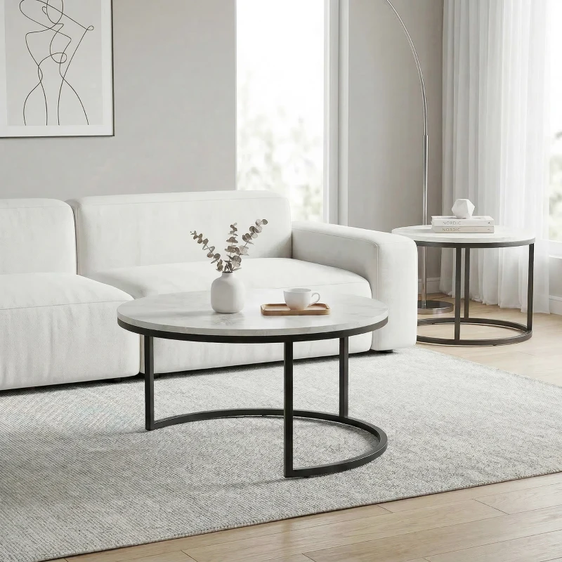 HOMCOM Set de 2 măsuțe de cafea rotunde suprapuse din metal și MDF cu efect de marmură, gri și negru