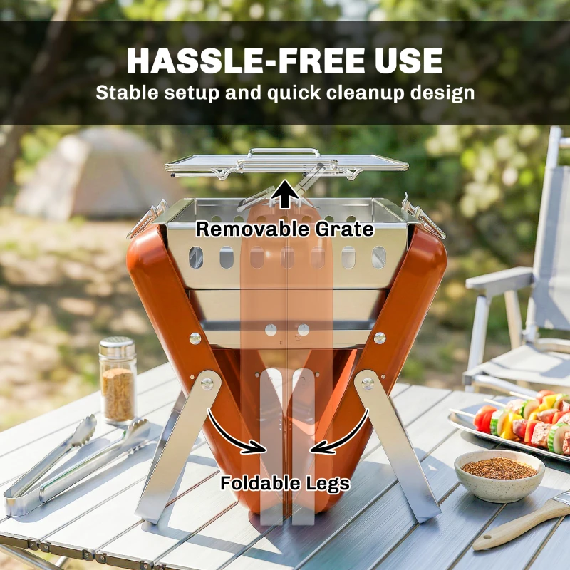 Outsunny Charcoal BBQ Grill Portable Stainless Steel Barbecue with Tilting Grate for Camping Picnic Garden Orange