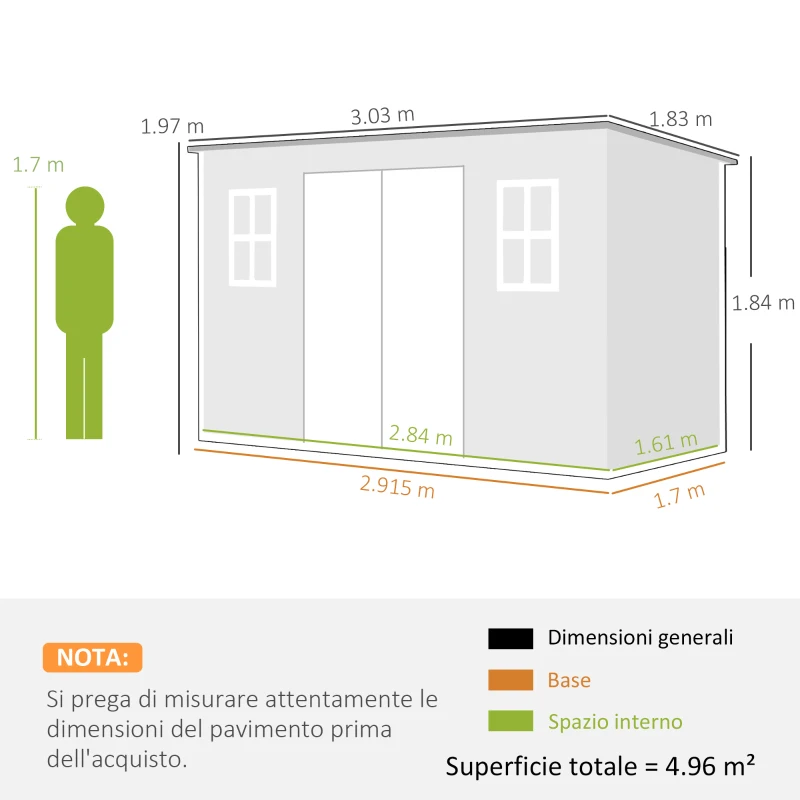 Outsunny Casetta per Attrezzi a 2 Ingressi con Finestre e Prese d'Aria, in PP e Alluminio, 303x183x184 cm, Grigio