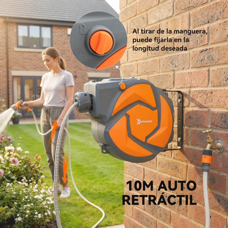 DURHAND Manguera Retráctil de Pared con Carrete de 10+1 m con Retorno Enrollado Automático y Boquilla de 7 Funciones Gira 180°
