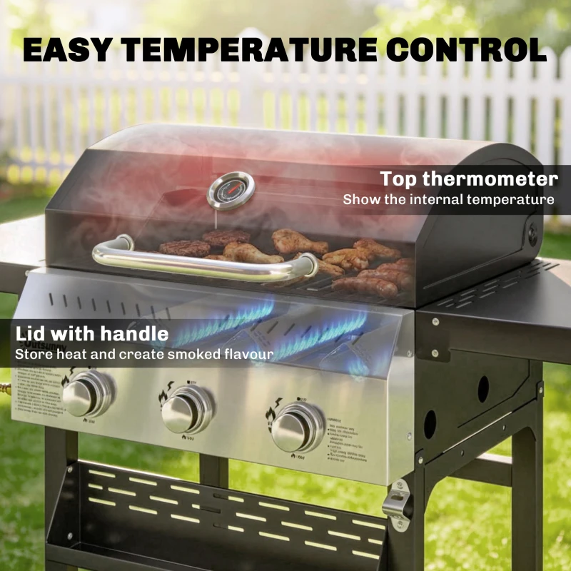 Outsunny Grill gazowy 9 kW 3 palniki BBQ wózek ze stali nierdzewnej ze składanymi półkami, uchwytem na przyprawy, dolną półką i 6 haczykami