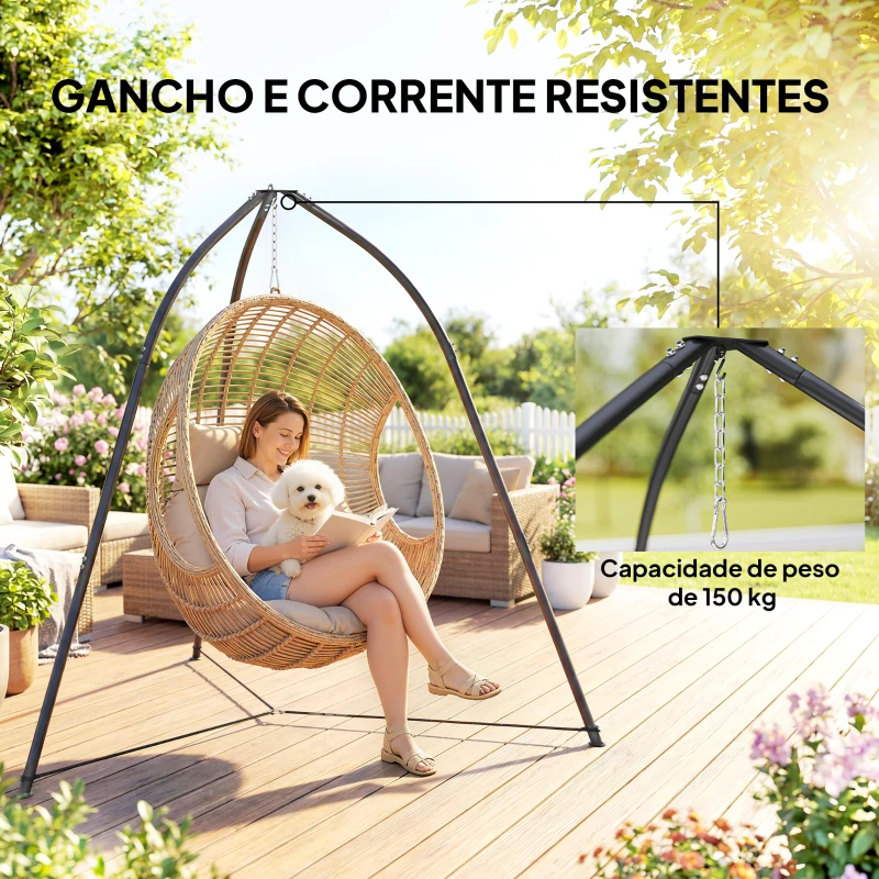 Outsunny Suporte para Cadeira Suspensa Triangular com Corrente Ajustável e Base Estável para Pátio e Jardim Carga 150 kg Preto