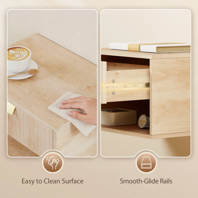 HOMCOM Set of 2 Wall Mounted Nightstands, Floating Bedside Tables with Fluted Drawer and Open Shelf for Small Bedroom, Oak