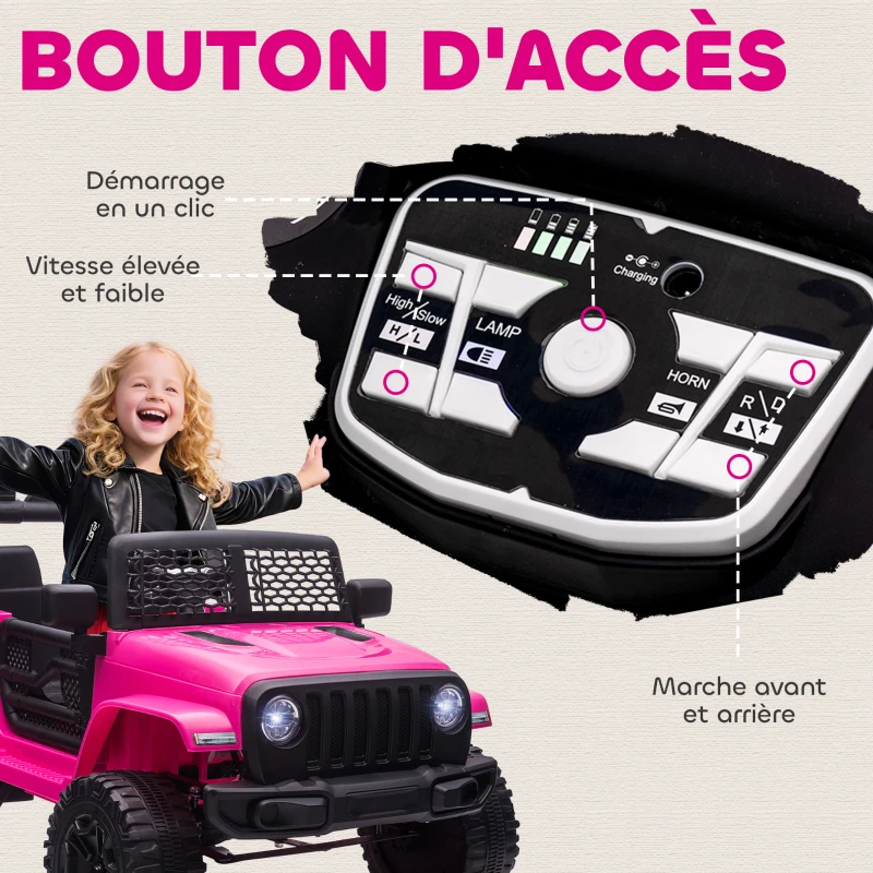 HOMCOM Voiture électrique Enfant Propulsion arrière 12 V 5 Km/h Max. télécommande Effets Lumineux sonores 100x65x72cm Rose(m-7)