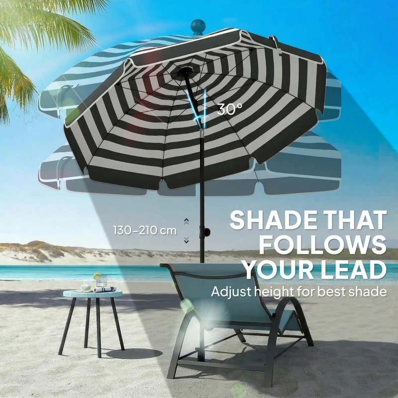 Outsunny 1.8 m Beach Umbrella Parasol with Sand Anchor, Portable 30° Tilting Patio Sun Shade with Adjustable Height, Grey/White