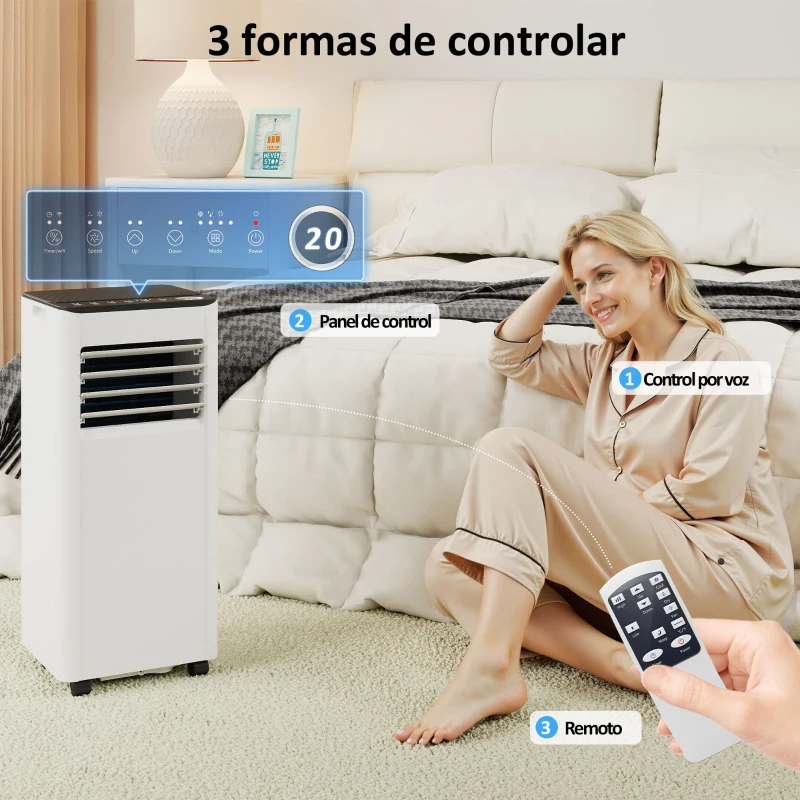 HOMCOM Aire Acondicionado Portátil 7000 BTU 4 en 1 Enfriamiento Deshumidificador Ventilador Temporizador para 26 m² Blanco