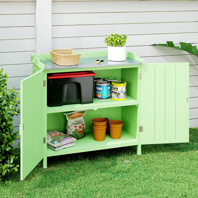 Outsunny Wood Garden Storage Cabinet, Outdoor Tool Shed, Potting Bench Table with galvanised Top and Two Shelves for garden Tools or Pool Accessories, Green