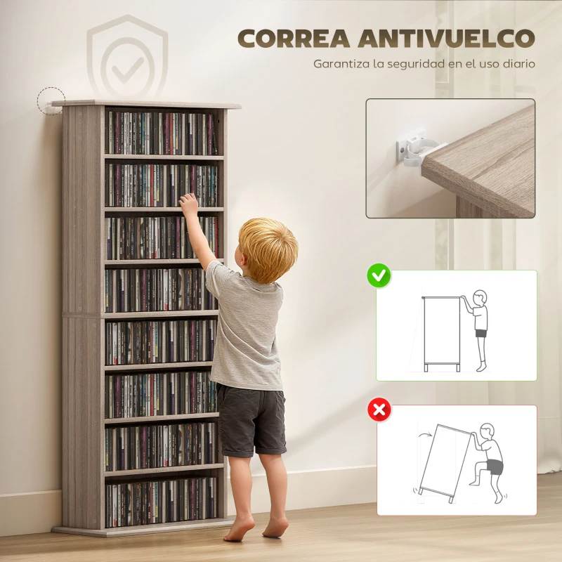 HOMCOM Estantería para CDs y DVDs Estrecha con 8 Compartimentos Estantes Ajustables 58x24x126,3 cm Madera Natural