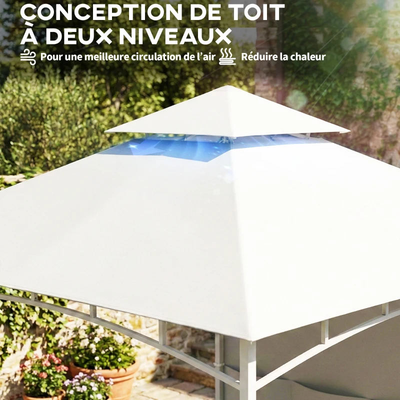 Outsunny Pavillon Tonnelle de Jardin Toit Double Rideaux et Poches de Rangement Crochet de Plafond 3 x 3 m Crème