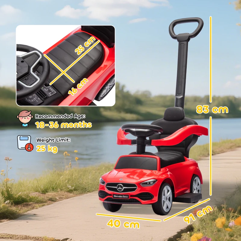 AIYAPLAY Premergător copii Mercedes-Benz cu licență, mașină de împins cu mâner detașabil, 91 x 40 x 83 cm, roșu