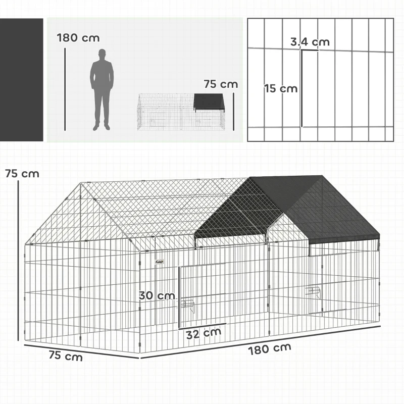 PawHut Rabbit Run with Protective Cover for  Small Animals, Chickens, Guinea Pigs, Tortoises, 180 x 75 x 75 cm, Black