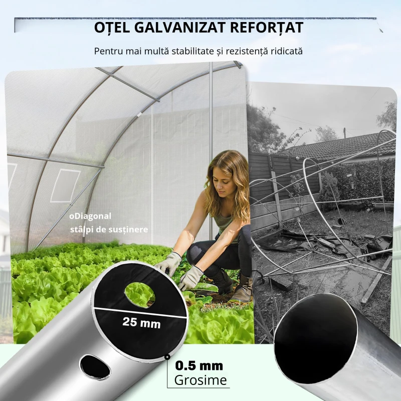 Outsunny Seră tunel cu 2 bare de susținere, 2 uși rulante și ferestre cu plasă, învelitoare din PE anti-UV, alb