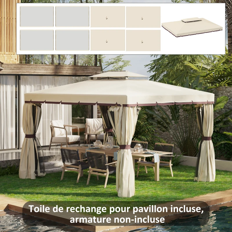 Outsunny Toile de rechange pour pavillon tonnelle tente polyester haute densité 4 rideaux 4 moustiquaires 389 x 290 cm beige