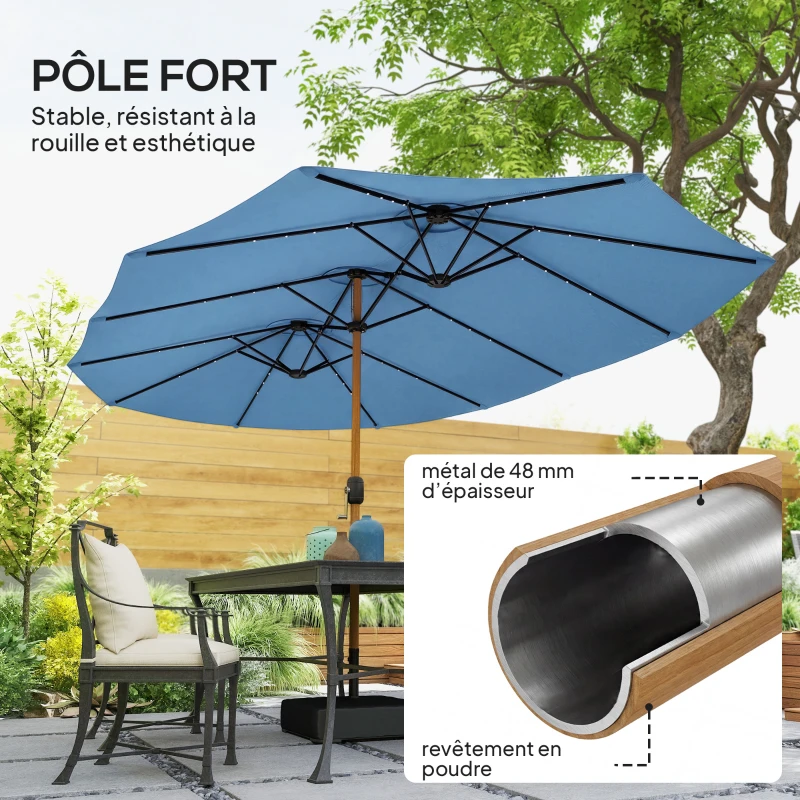 Outsunny Parasol de jardin double 5 x 3 m parasol de jardin extérieur avec base incluse, manivelle, protection UV, bleu