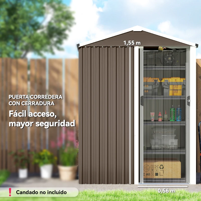 Outsunny Cobertizo de Jardín Exterior 1,1 m² 136x87x179 cm con Puerta Corredera Techo Inclinado y Guantes Marrón