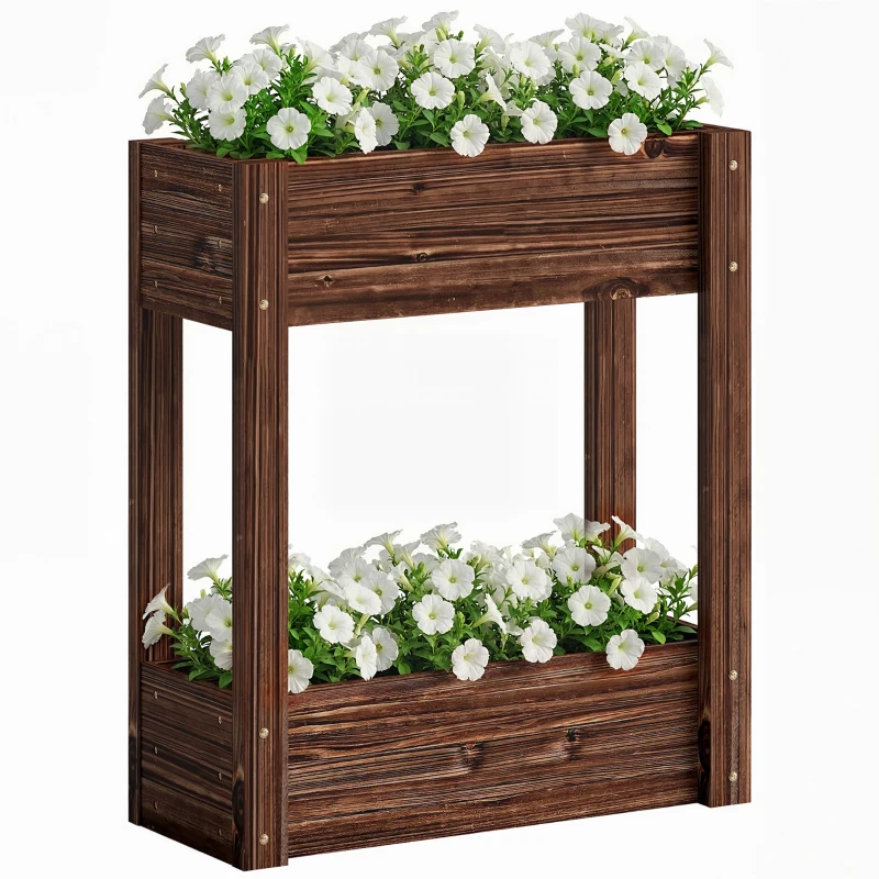 Outsunny 2-Tier Wooden Raised Planter, Raised Garden Bed on Legs with Drainage Holes and Bed Liner, Elevated Garden Planter