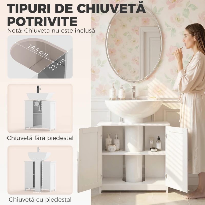 kleankin Dulap Sub Chiuvetă cu 2 Uși, Raft Reglabil și Decupaj în Formă de U, 60x30x60 cm, Alb(m-4)