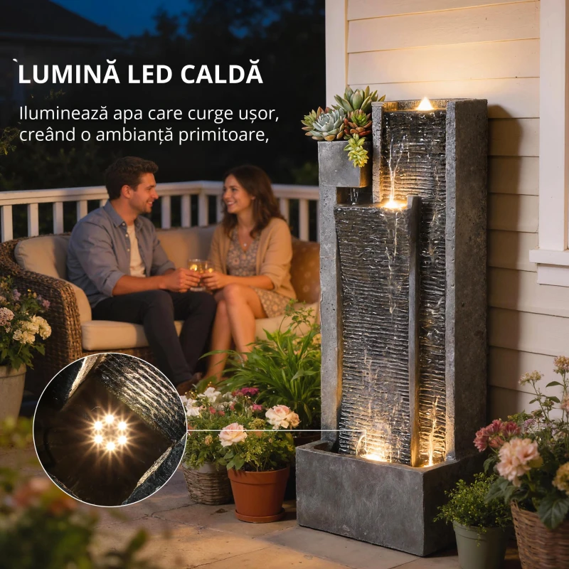 Outsunny Fântână 3 trepte pentru grădină cu iluminare LED, ghiveci, pompă, aspect piatră, reglabil 38 x 19 x 101 cm