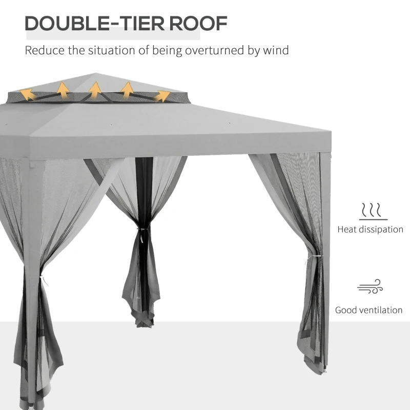 Outsunny 3 x 3 m Gazebo, Netting Party Tent, Patio Canopy Outdoor Event Shelter with Double Tier Roof, Light Grey