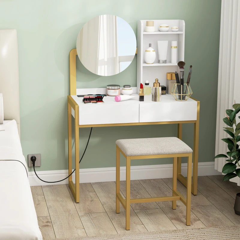 HOMCOM Coiffeuse avec miroir et tabouret, station de charge, table de maquillage avec 2 tiroirs, 3 étagères ouvertes, blanc