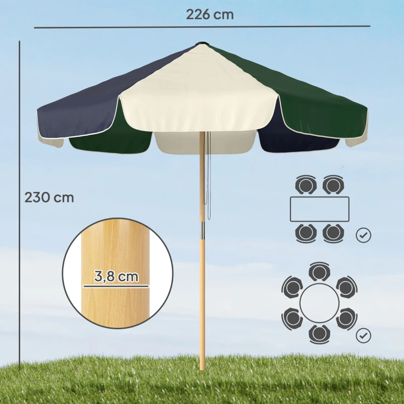 Outsunny Parasol de Jardin à Corde Protection Solaire UPF30+ Style Rétro Effet Bois avec Volants Inclinable Ø 226 cm Crème et Vert