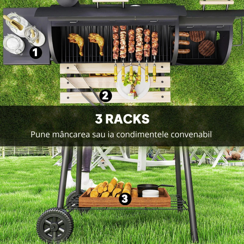 Outsunny Gratar de gradina cu capac si afumator, gratar pe carbune cu rafturi si roti 124x53x104cm, negru