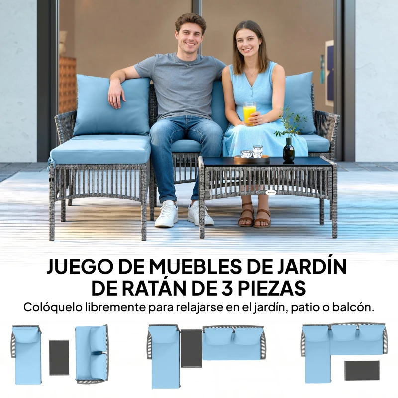 Outsunny Conjunto de Jardín Exterior de Ratán con 1 Sofá de 2 Plazas 1 Sofá Esquinera y 1 Mesa de Centro Tablero de Vidrio Azul