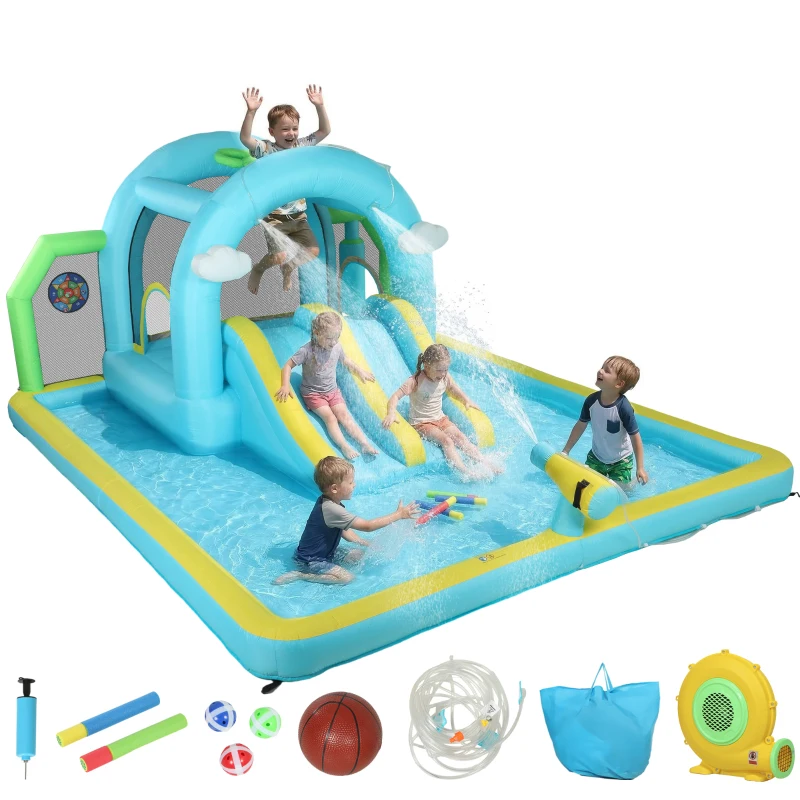 AIYAPLAY Castelo Insuflável Aquático 7 em 1 com Insuflador 450W 2 Escorregas Trampolim Piscina Cesto Coluna de Boxe 426x360x198 cm Multicor