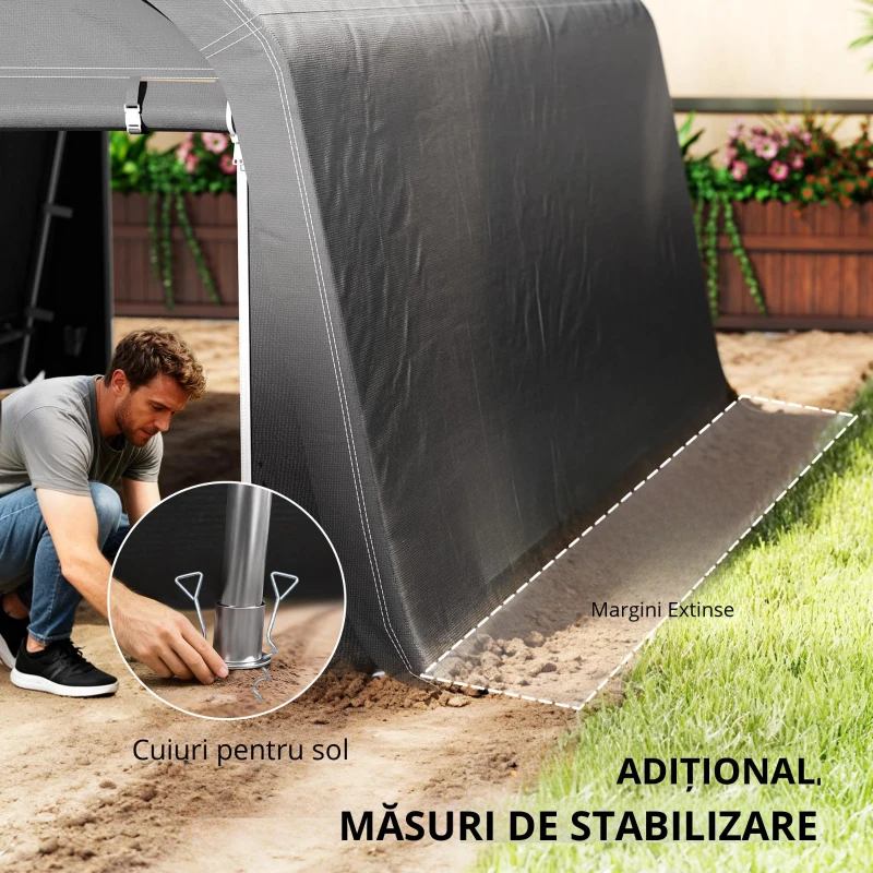 Outsunny /magazie de grădină cu prelata din plastic, cort pentru unelte, garaj montabil, 300B x 450T x 230H cm, Gri închis