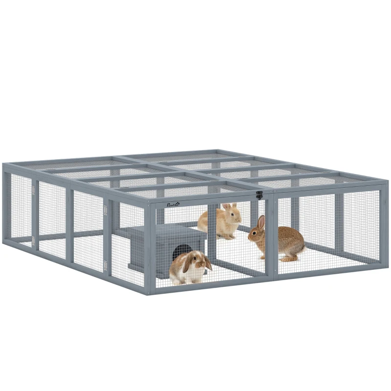 PawHut Domek dla królików z wybiegiem, otwieranym dachem i schronieniem dla 2-4 miniaturowych królików 180,4 x 150 x 48 cm Szary