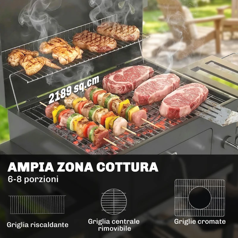 Outsunny Barbecue a Carbone a Rotelle con Griglia Regolabile e Ripiani Pieghevoli, in Acciaio e PP, 133.5x65x110 cm, Nero