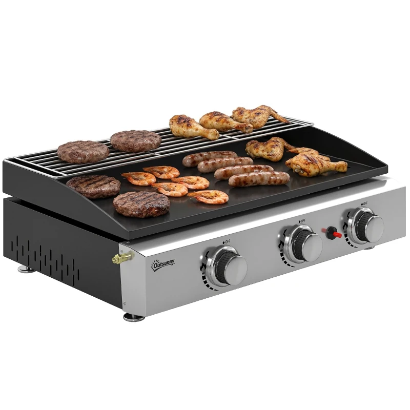 Outsunny Plancha Gaz en Inox, 3 Brûleurs, Barbecue à Gaz avec Plaque Émaillée et Grille de Réchauffage, 7,5 kW, 62x44x21cm, Noir